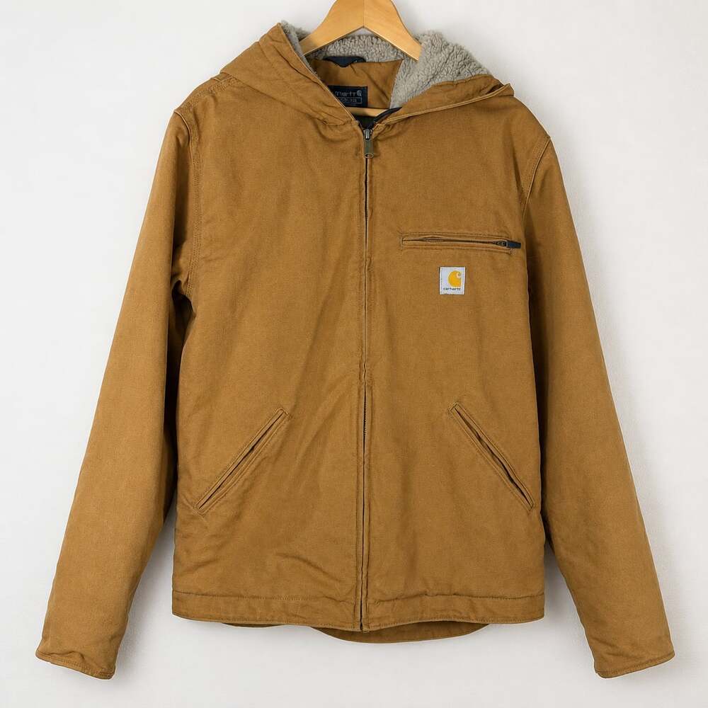 Carhartt Men's Washed Duck Sherpa-Lined Zip-Front Work Hooded Jacket Brown M